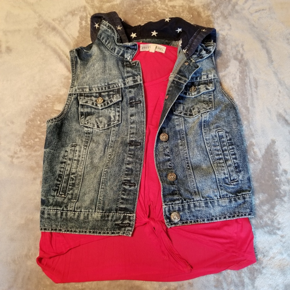 Wallflower denim vest and red tank top. - Picture 2 of 7